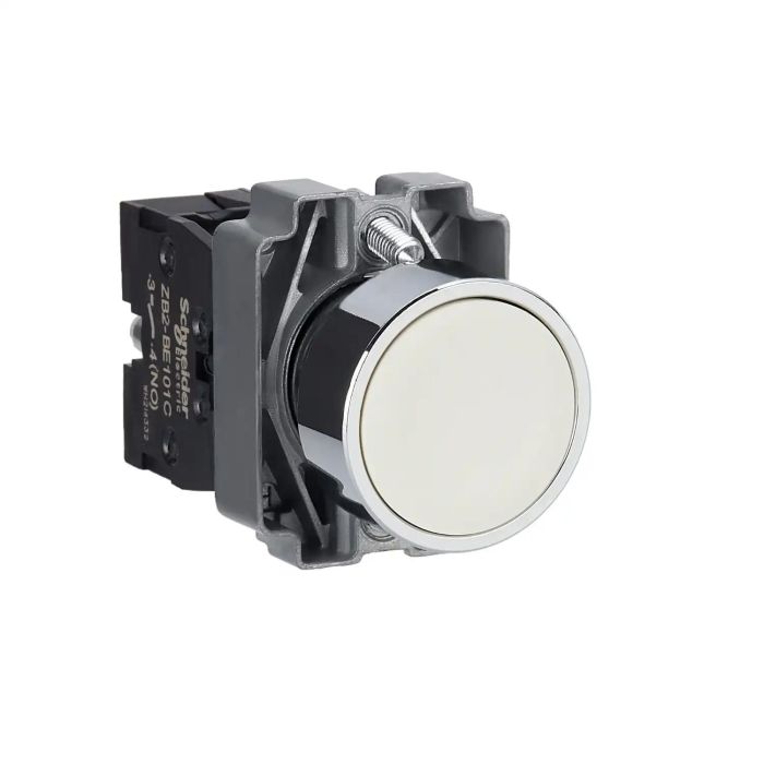 Complete push button, Easy Harmony XB2, metal, flush, white, 22mm, spring return, unmarked, 1NO main product photo