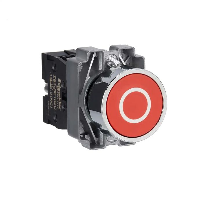 Push button, Easy Harmony XB2, metal, flush, red, 22mm, spring return, marked O, 1NC main product photo