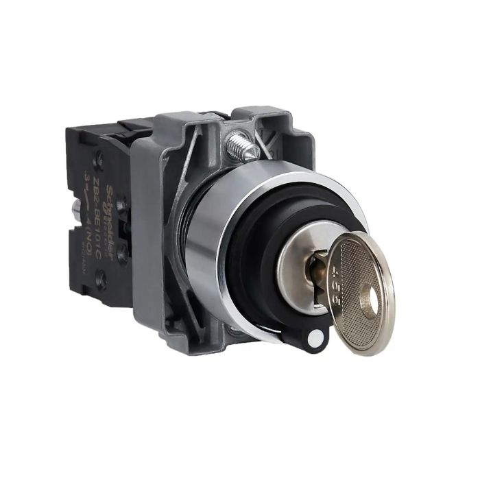 Key selector switch, Easy Harmony XB2, metal, black, 22mm, key no 455, 2 positions, spring return, left pull out, 1NO + 1NC main product photo