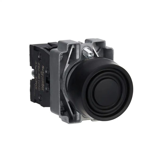 Push button, Easy Harmony XB2, metal, flush, black, 22mm, spring return, booted, 1NO main product photo