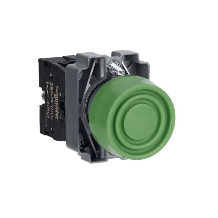 Push button, Easy Harmony XB2, metal, flush, green, 22mm, spring return, booted, 1NO main product photo