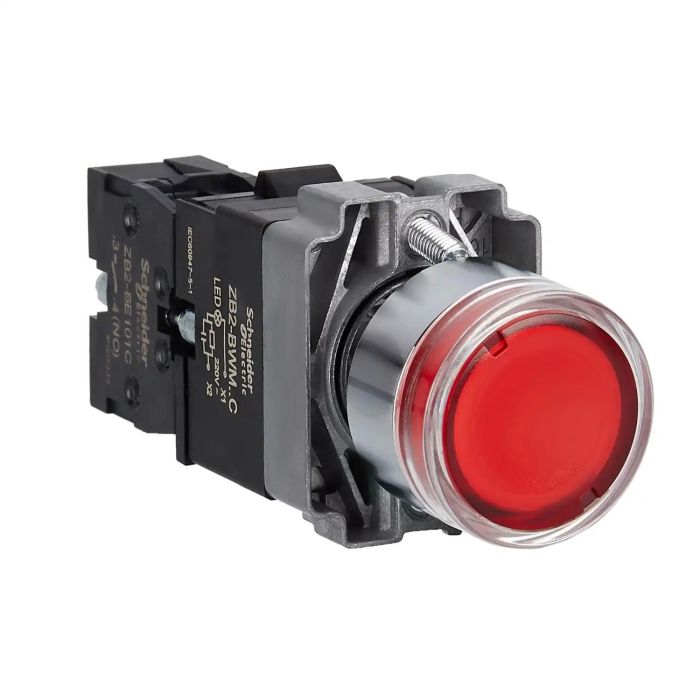Complete illuminated push button, Easy Harmony XB2, metal, flush, red, 22mm, spring return, 220V AC, 1NO main product photo