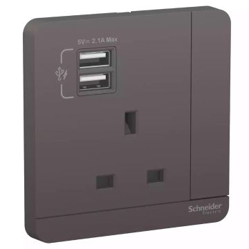 AvatarOn, 2 USB charger + switched socket, 3P, 13A, Dark Grey