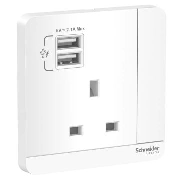 AvatarOn, 2 USB charger + switched socket, 3P, 13A, White