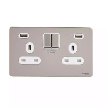 Ultimate - Switched Socket 2 USB charger - 2 gang - 13A - pearl nickel - white