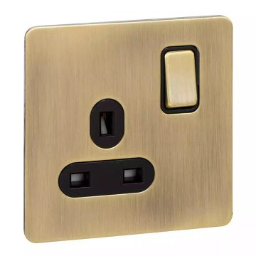Ultimate Screwless flat plate - switched socket - 1 gang - antique brass