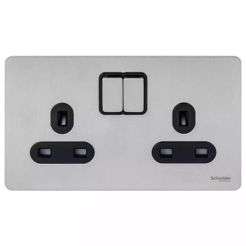 Ultimate Screwless flat plate - switched socket - 2 gangs - stainless stl Black