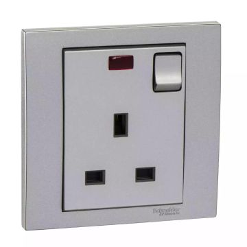13A 250V 1 Gang Switched Socket with Neon - alumium silver