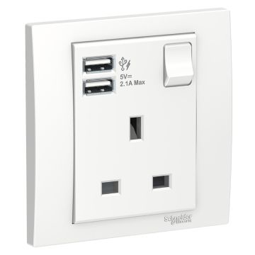 13A 1 Gang Switched Socket with 2.1A USB, White
