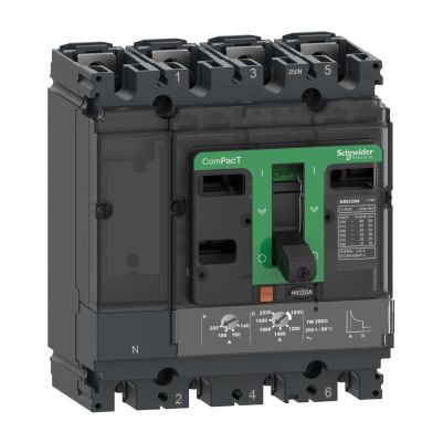 Circuit breaker ComPacT NSX250N, 50kA at 415VAC, TMD trip unit 200A, 50 degrees C, 4 poles 4D