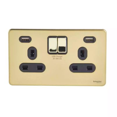 Ultimate - Switched Socket 2 USB charger - 2 gang - 13A - polished brass - black