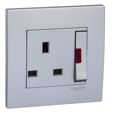 13A 250V 1Gang DP Large Dolly Switched socket with NE, Aluminium silver