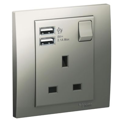 13A 1 Gang Switched Socket with 2.1A USB, Aluminium Silver