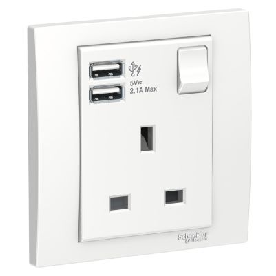 13A 1 Gang Switched Socket with 2.1A USB, White