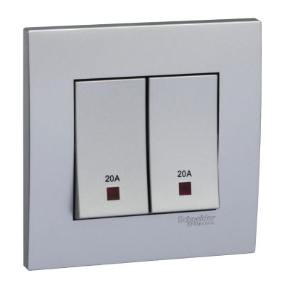 Vivace 20A 250V 2gang Double Pole Switch with Neon and Earth,Aluminium Silver