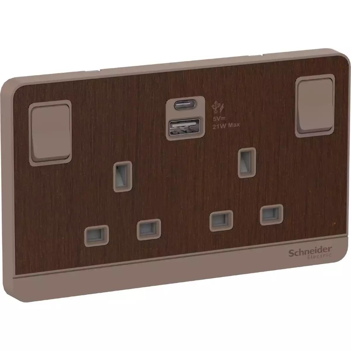 Switched socket with USB charger, Avataron, 21W type A+C, 2 gang, 13A, wood