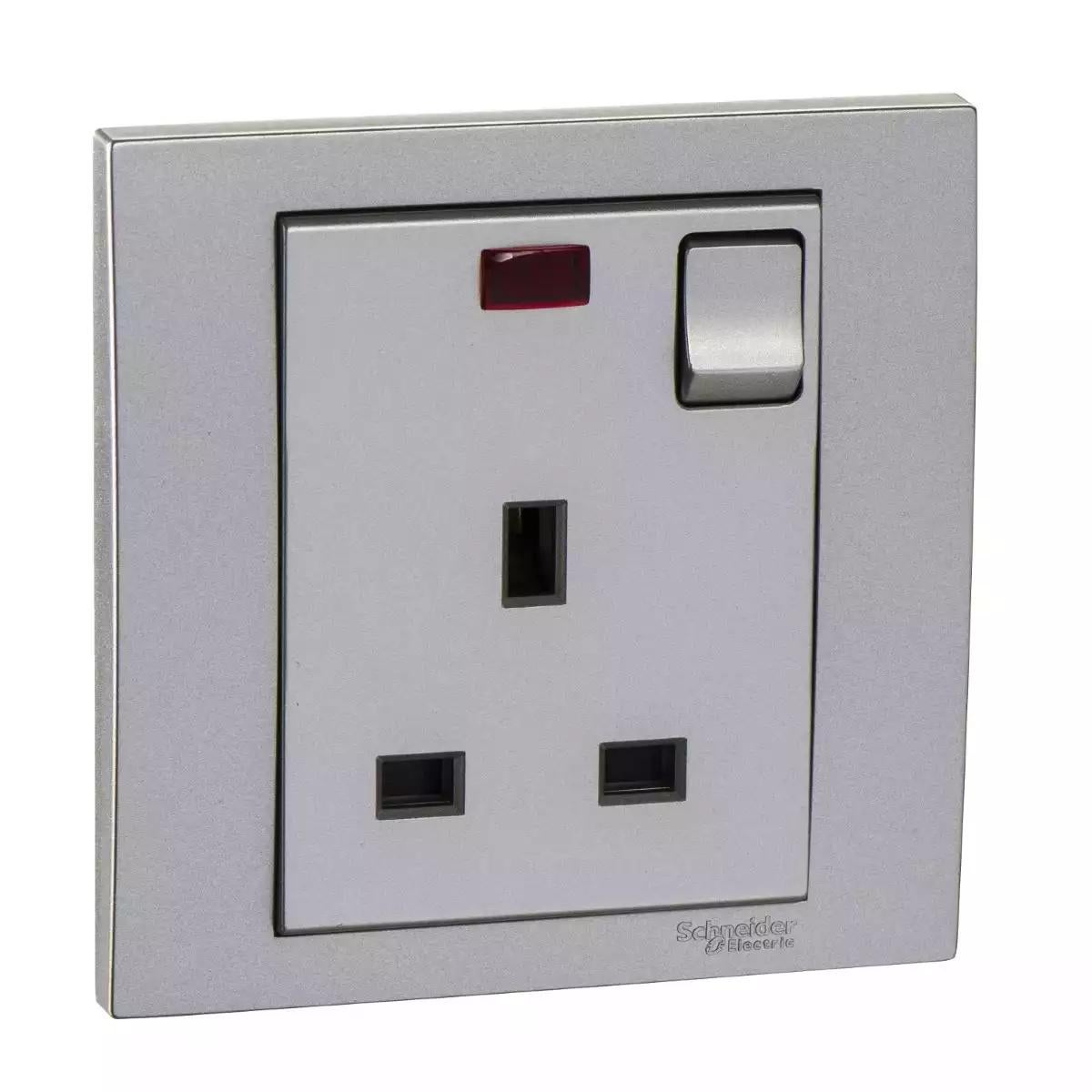 13A 250V 1 Gang Switched Socket with Neon - alumium silver