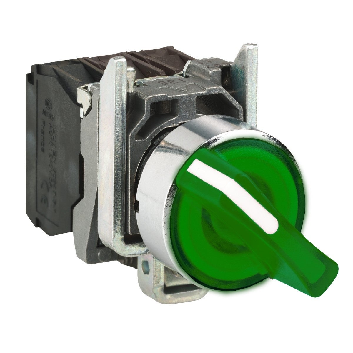 Illuminated selector switch, metal, green, Ã˜22, 2 positions, stay put, 230...240 V AC, 1 NO + 1 NC
