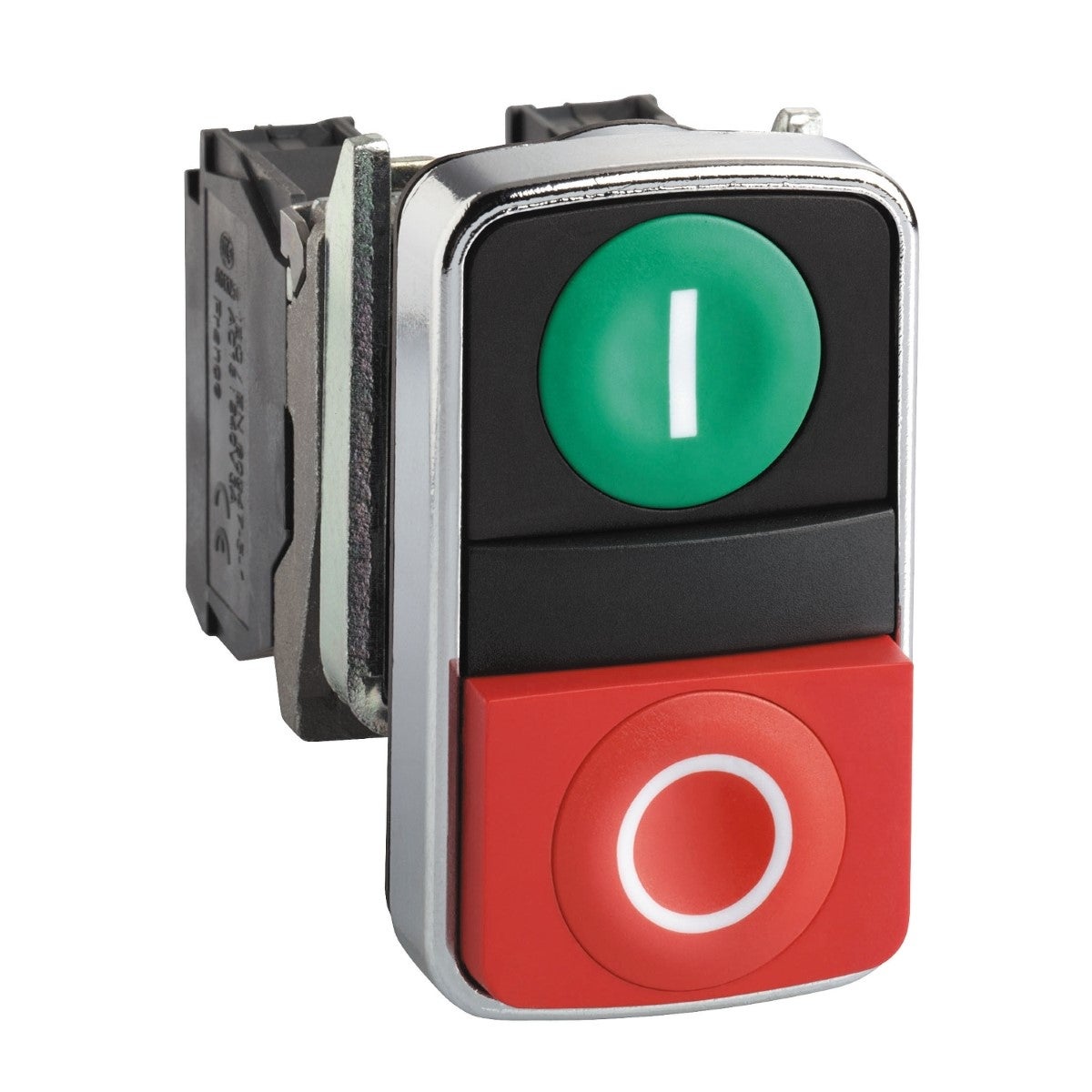 Double-headed push button, metal, Ã˜22, 1 green flush marked I + 1 red projecting marked O, 1 NO + 1 NC