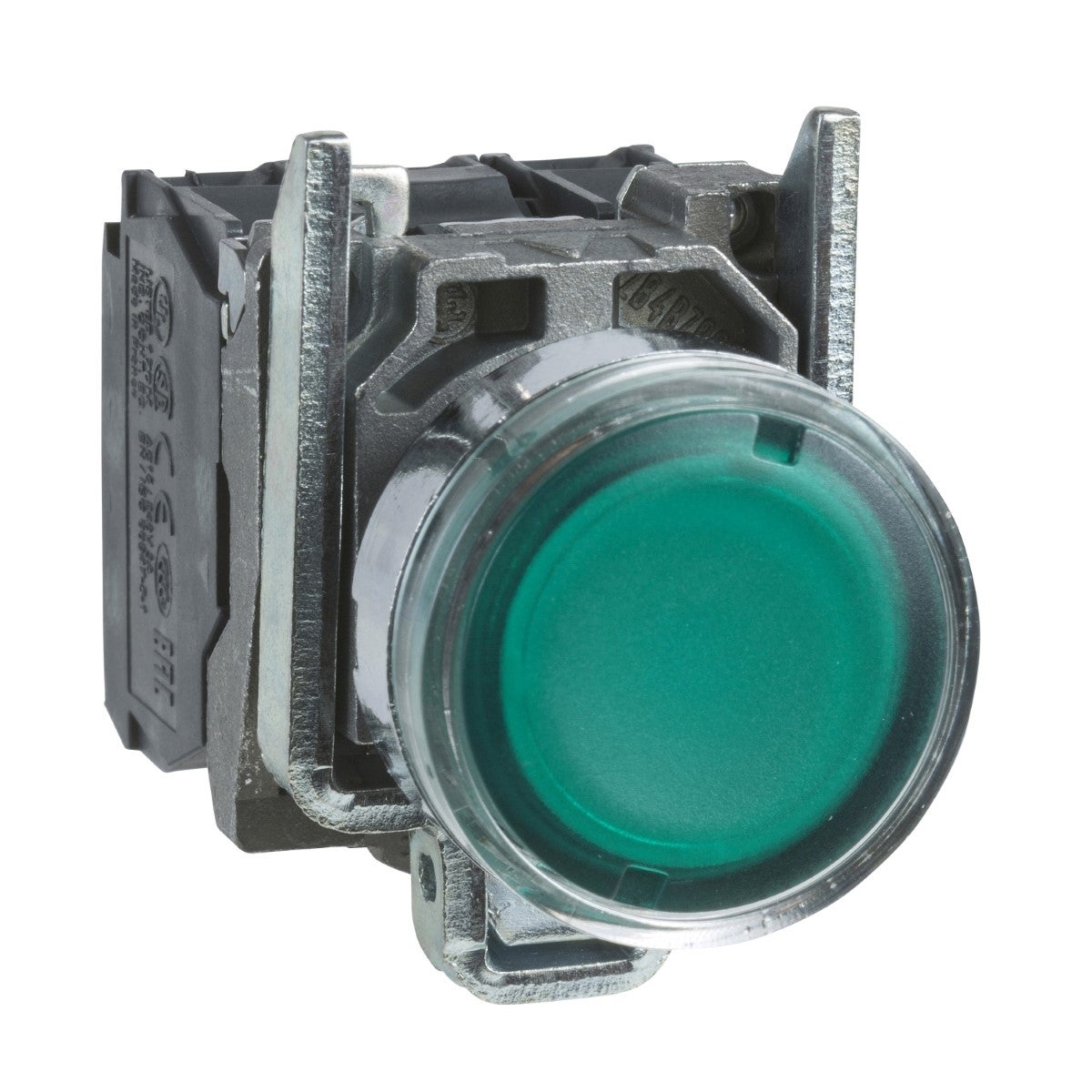 Illuminated push button, metal, flush, green, Ã˜22, spring return, <= 250 V, 1 NO + 1 NC